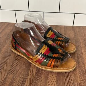 Sbicca Woven Leather Multicolor Huarache Flat Peep Toe Slip On Sandals Size 7
